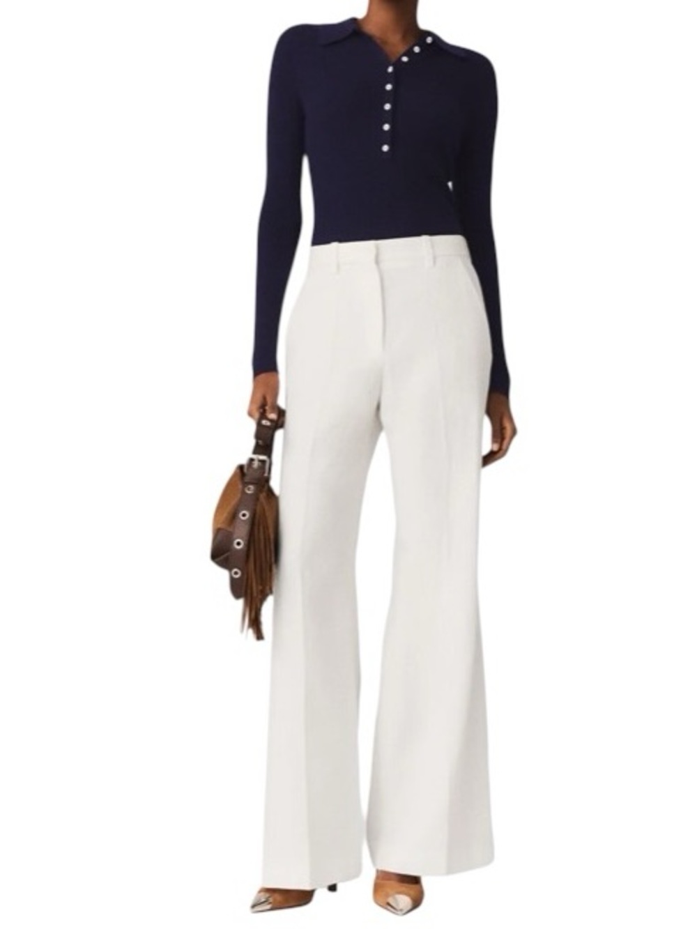 Maje Wide Leg Linen Blend Trouser Pant White Silver Metallic Pinstripe NWOT